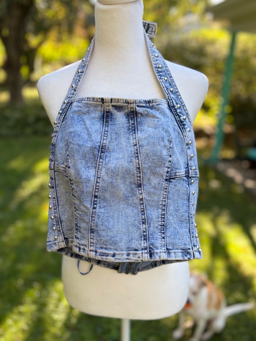 NWT Brit The Label Vintage Washed Denim Studded Halter Crop Top With Belt Neck